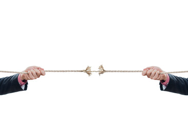 Man hands with breaking rope isolated on white background