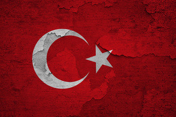 Aged old textured Turkey flag illustration background. Grunge cracked wall effect used.