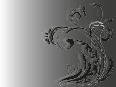 Black and white abstract floral ornament on gray background, vector illustration