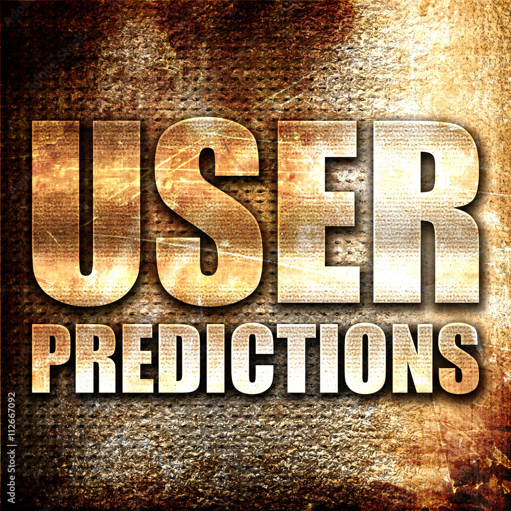 Poster user predictions, 3d rendering, metal text on rust background