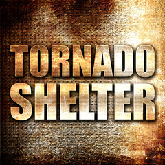 tornado shelter, 3D rendering, metal text on rust background