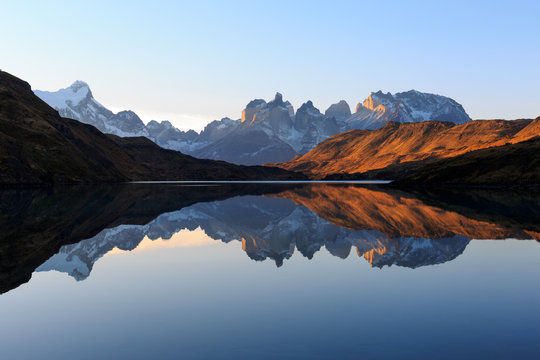 Torres del Paine reflected in the Rio Paine from the Weber Bridge.