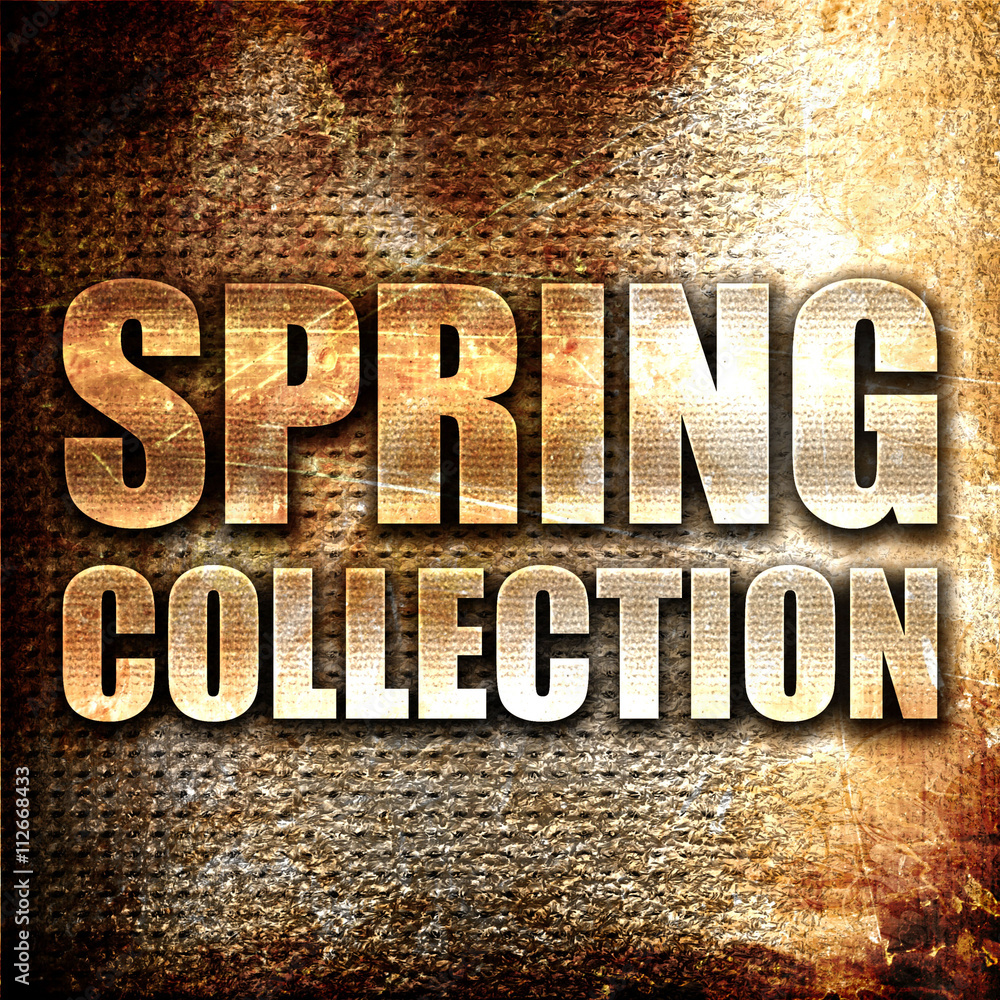 Poster spring collection, 3d rendering, metal text on rust background