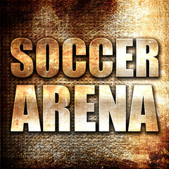 soccer arena, 3D rendering, metal text on rust background