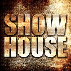 show house, 3D rendering, metal text on rust background