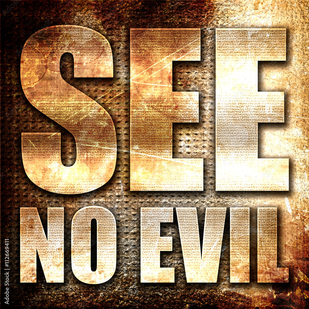 Poster see no evil, 3d rendering, metal text on rust background