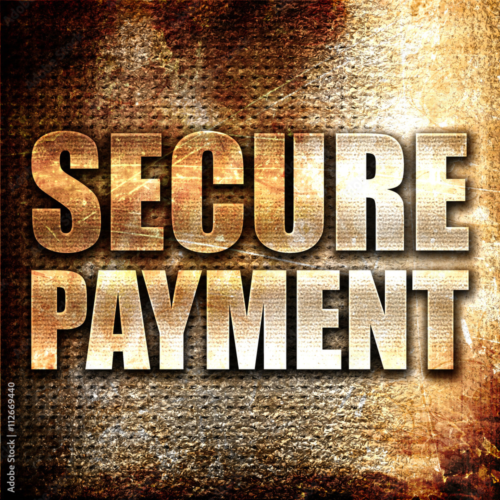 Poster secure payment, 3d rendering, metal text on rust background