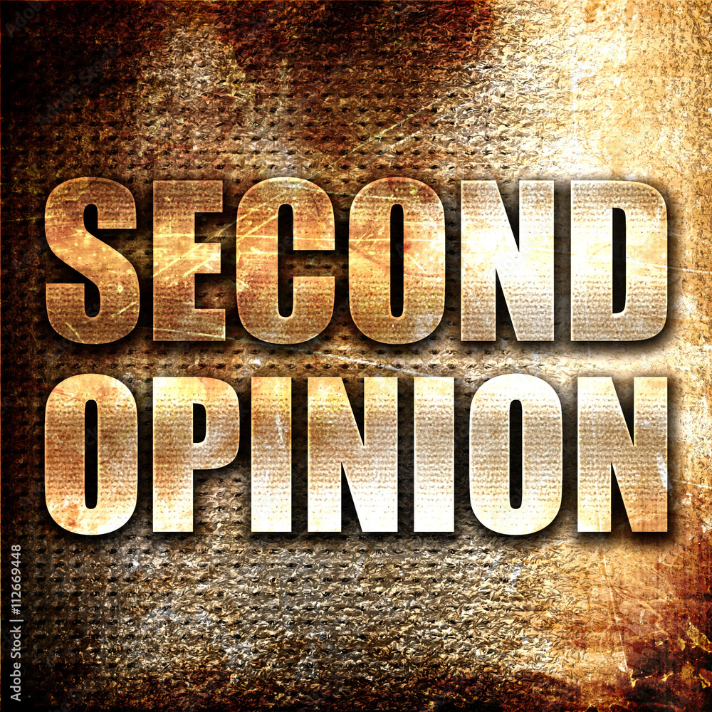 Poster second opinion, 3d rendering, metal text on rust background