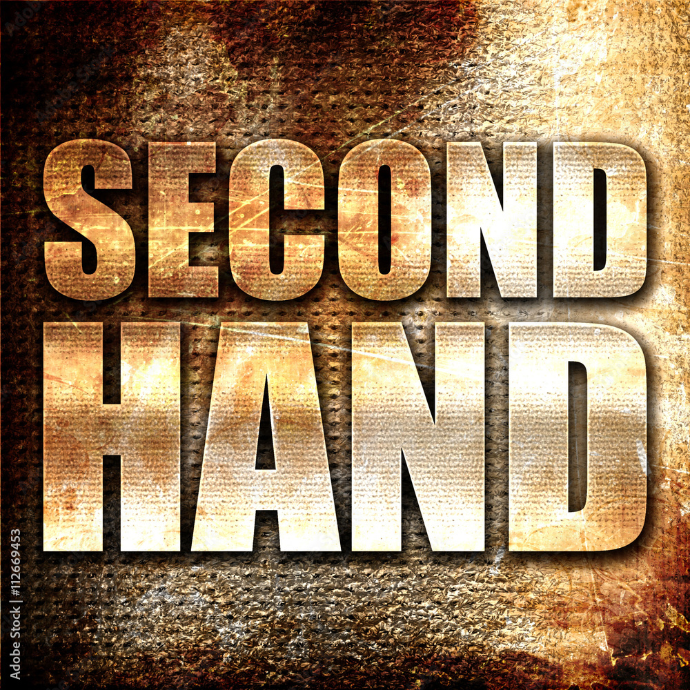 Poster second hand, 3d rendering, metal text on rust background