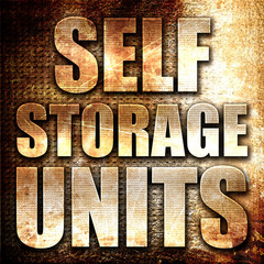 self storage units, 3D rendering, metal text on rust background