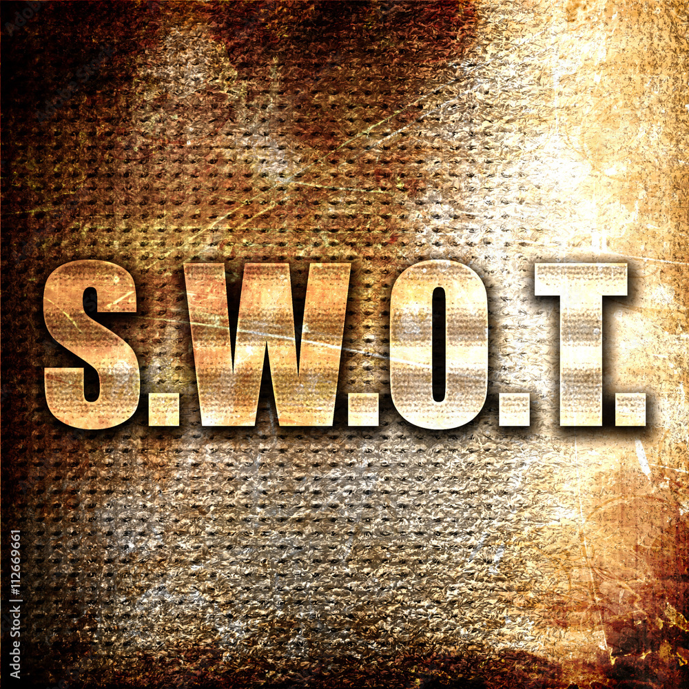 Poster swot, 3d rendering, metal text on rust background