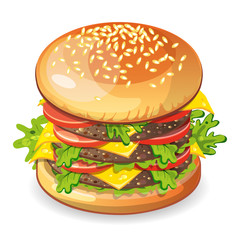 Isolated classic hamburger on white background. Fresh sandwich with beef, lettuce, tomato, bun and cheese. American fast food.