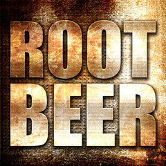 root beer, 3D rendering, metal text on rust background