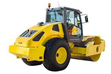 Yellow road roller isolated with clipping path