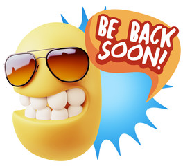 3d Rendering Smile Character Emoticon Expression saying Be Back