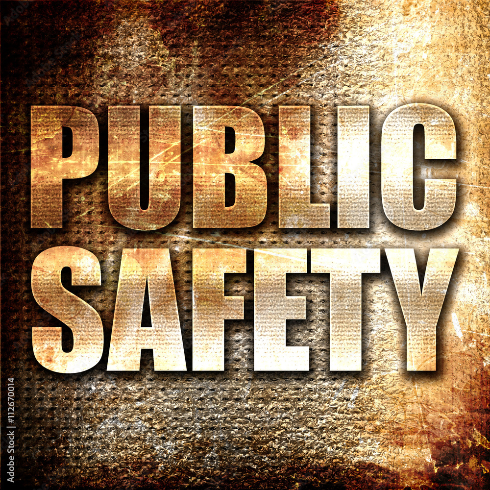 Sticker public safety, 3d rendering, metal text on rust background