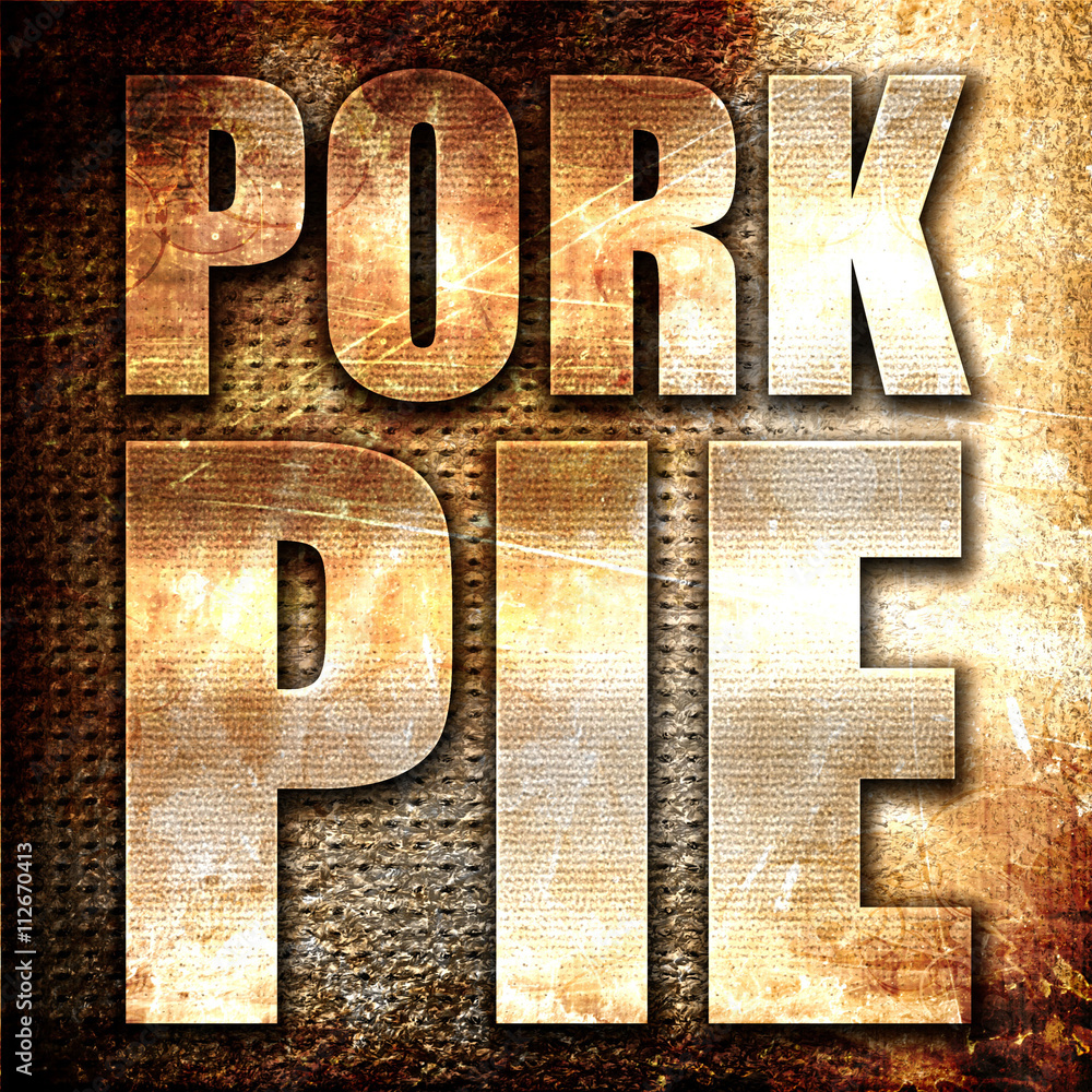 Poster pork pie, 3d rendering, metal text on rust background