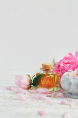 SPA concept: composition of spa treatment with natural sea salt,