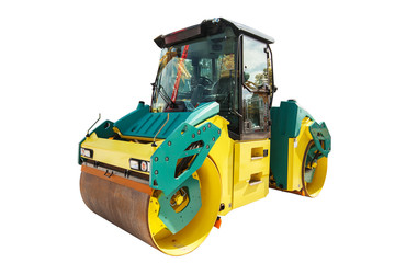 Road roller machine isolated on white background with clipping p