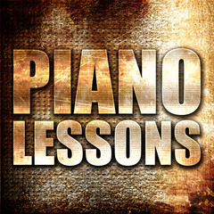 piano lessons, 3D rendering, metal text on rust background