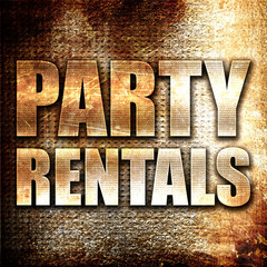 party rentals, 3D rendering, metal text on rust background