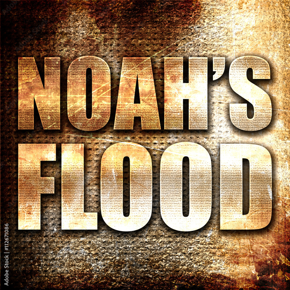Poster noah's flood, 3d rendering, metal text on rust background