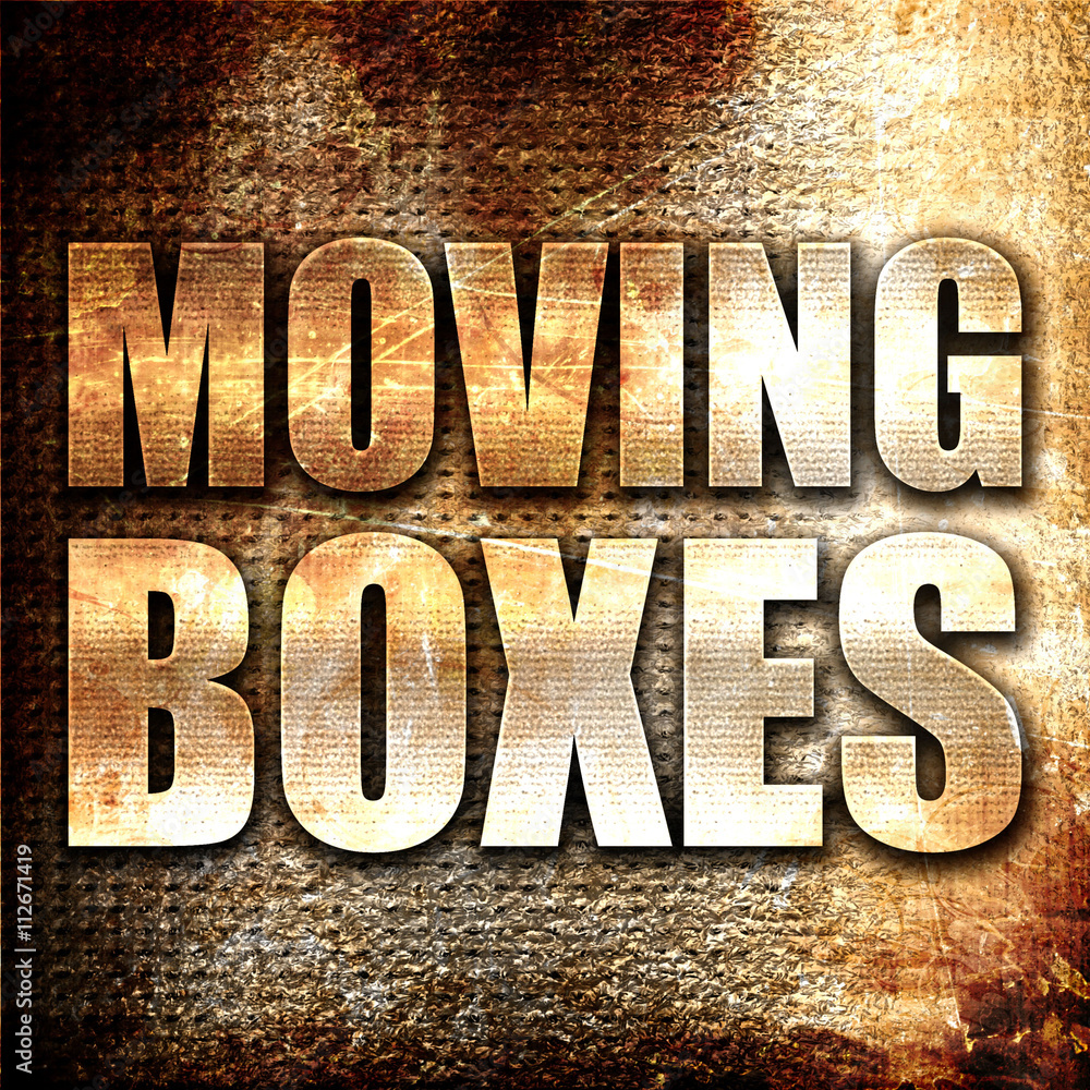 Aufkleber moving boxes, 3d rendering, metal text on rust background