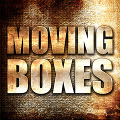 moving boxes, 3D rendering, metal text on rust background
