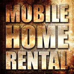 mobile home rental, 3D rendering, metal text on rust background