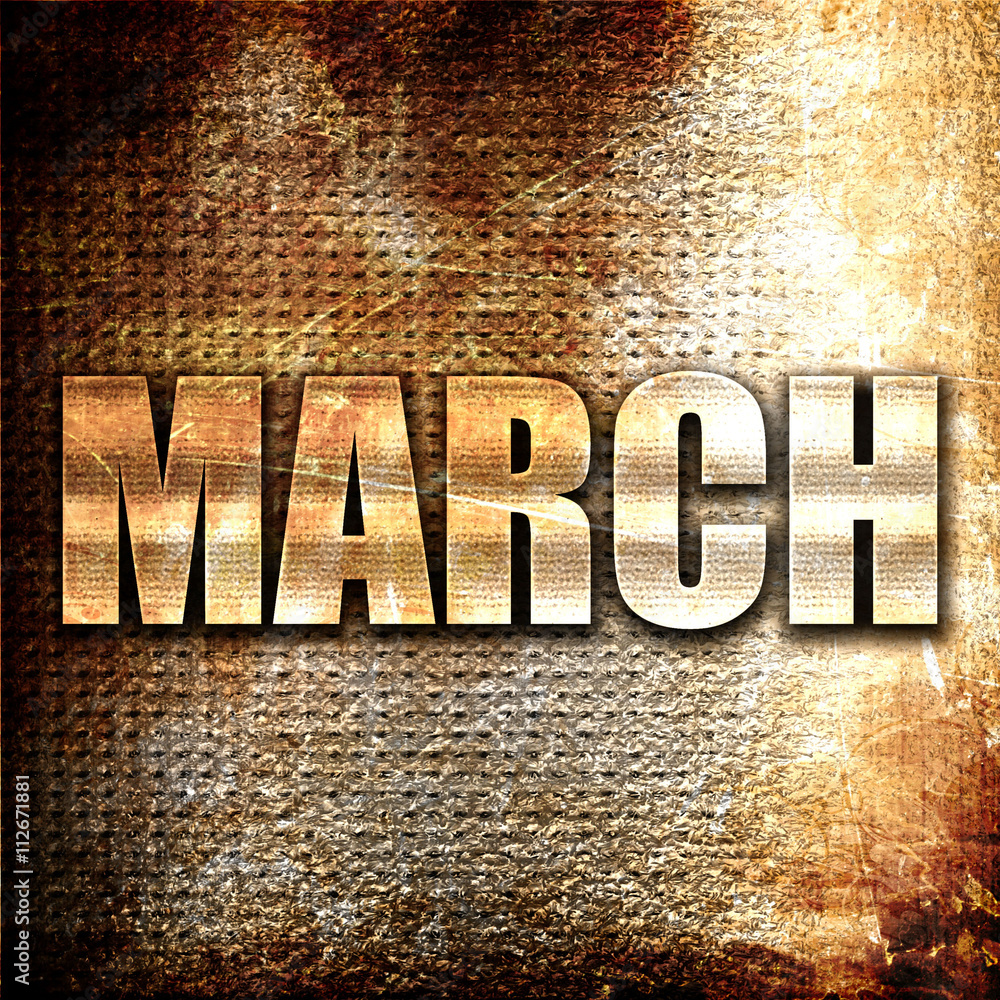 Poster march, 3d rendering, metal text on rust background