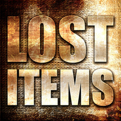 lost items, 3D rendering, metal text on rust background