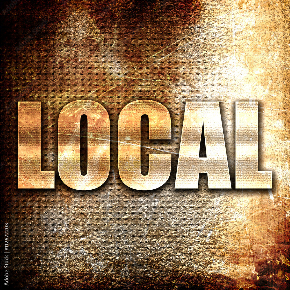 Poster local, 3d rendering, metal text on rust background