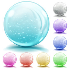 Set of transparent glass spheres of various colors with air bubbles, glares and shadows. Transparency only in vector file