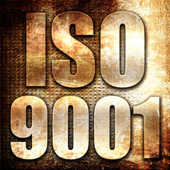 iso 9001, 3D rendering, metal text on rust background