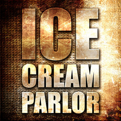ice cream parlor, 3D rendering, metal text on rust background