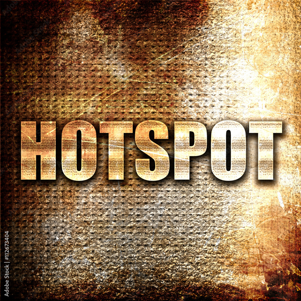 Aufkleber hotspot, 3d rendering, metal text on rust background