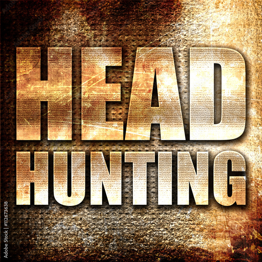 Poster headhunting, 3d rendering, metal text on rust background