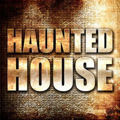haunted house, 3D rendering, metal text on rust background