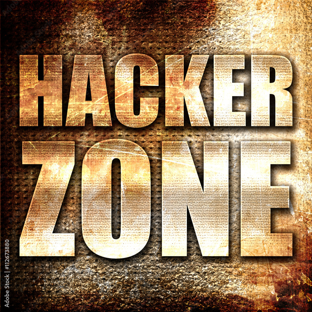 Poster hacker zone, 3d rendering, metal text on rust background