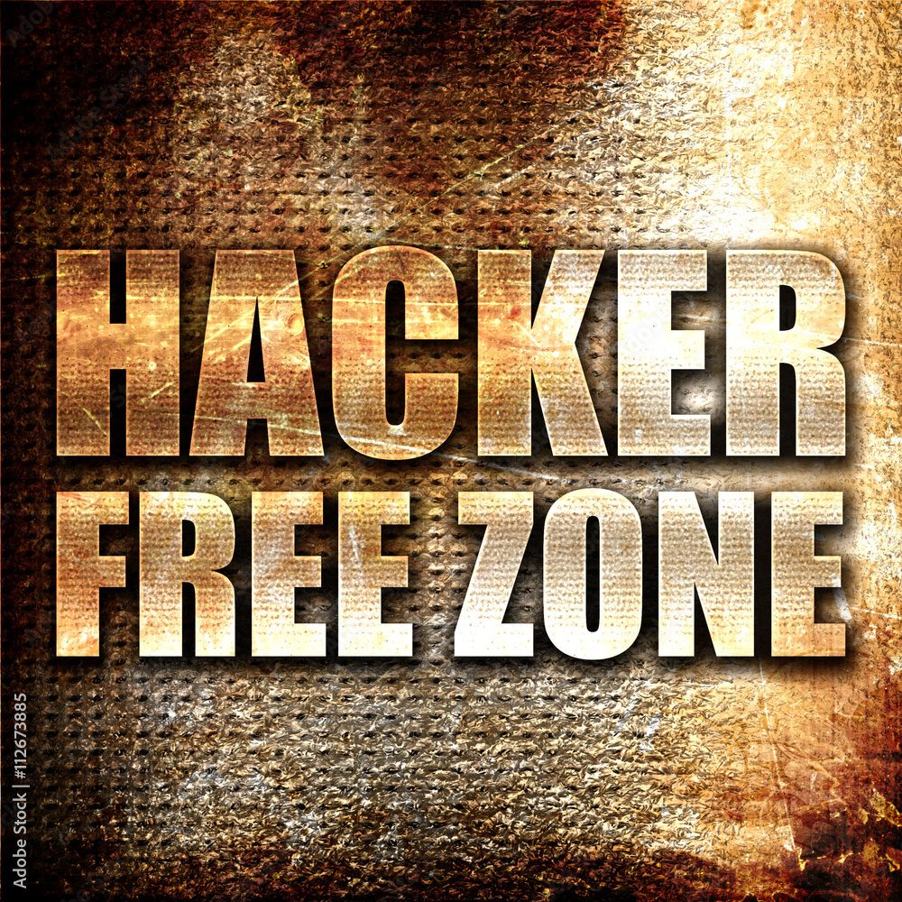Poster hacker free zone, 3d rendering, metal text on rust background