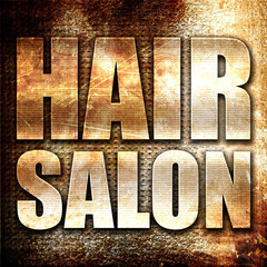 hair salon, 3D rendering, metal text on rust background