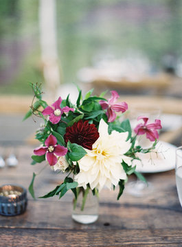 Close-up of fresh flowers on a wooden table