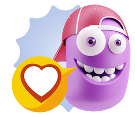 3d Rendering Smile Character Emoticon Expressing Love with a Hea