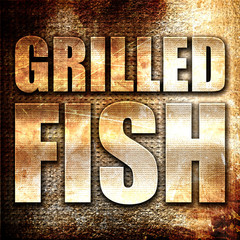 grilled fish, 3D rendering, metal text on rust background