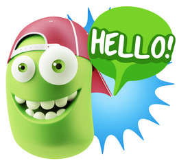 3d Rendering Smile Character Emoticon Expression saying Hello wi