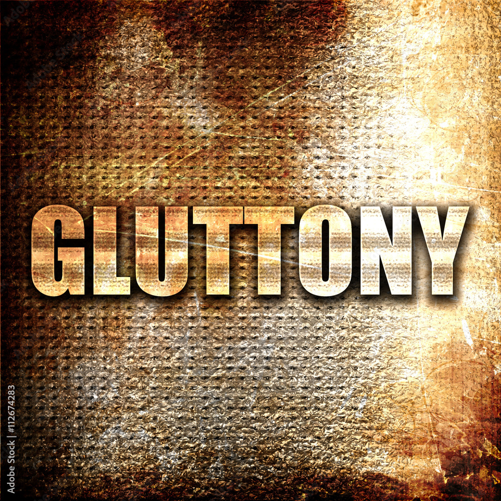 Poster gluttony, 3d rendering, metal text on rust background