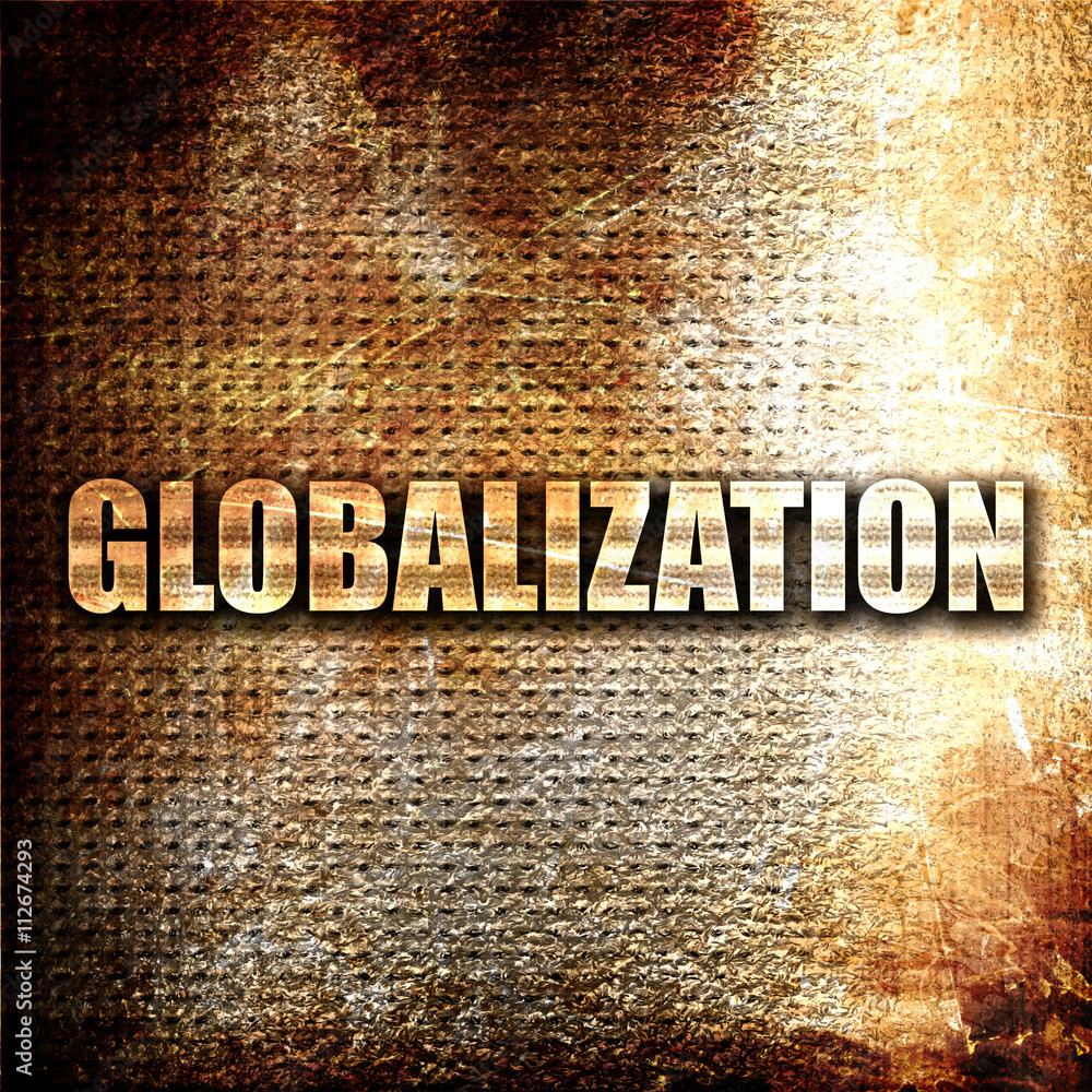 Poster globalization, 3d rendering, metal text on rust background