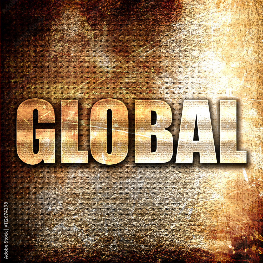 Poster global, 3d rendering, metal text on rust background