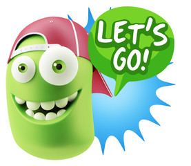 3d Rendering Smile Character Emoticon Expression saying Let'S Go