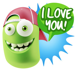 3d Rendering Smile Character Emoticon Expression saying I Love Y